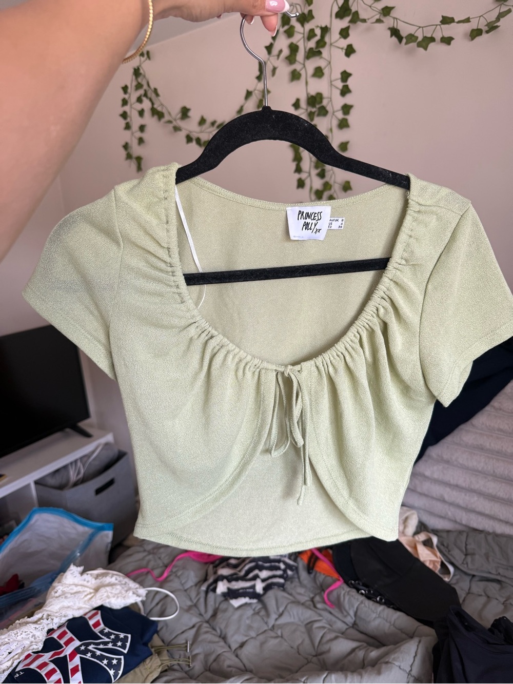 Princess Polly Light Sage Green Tie-Front Crop Top